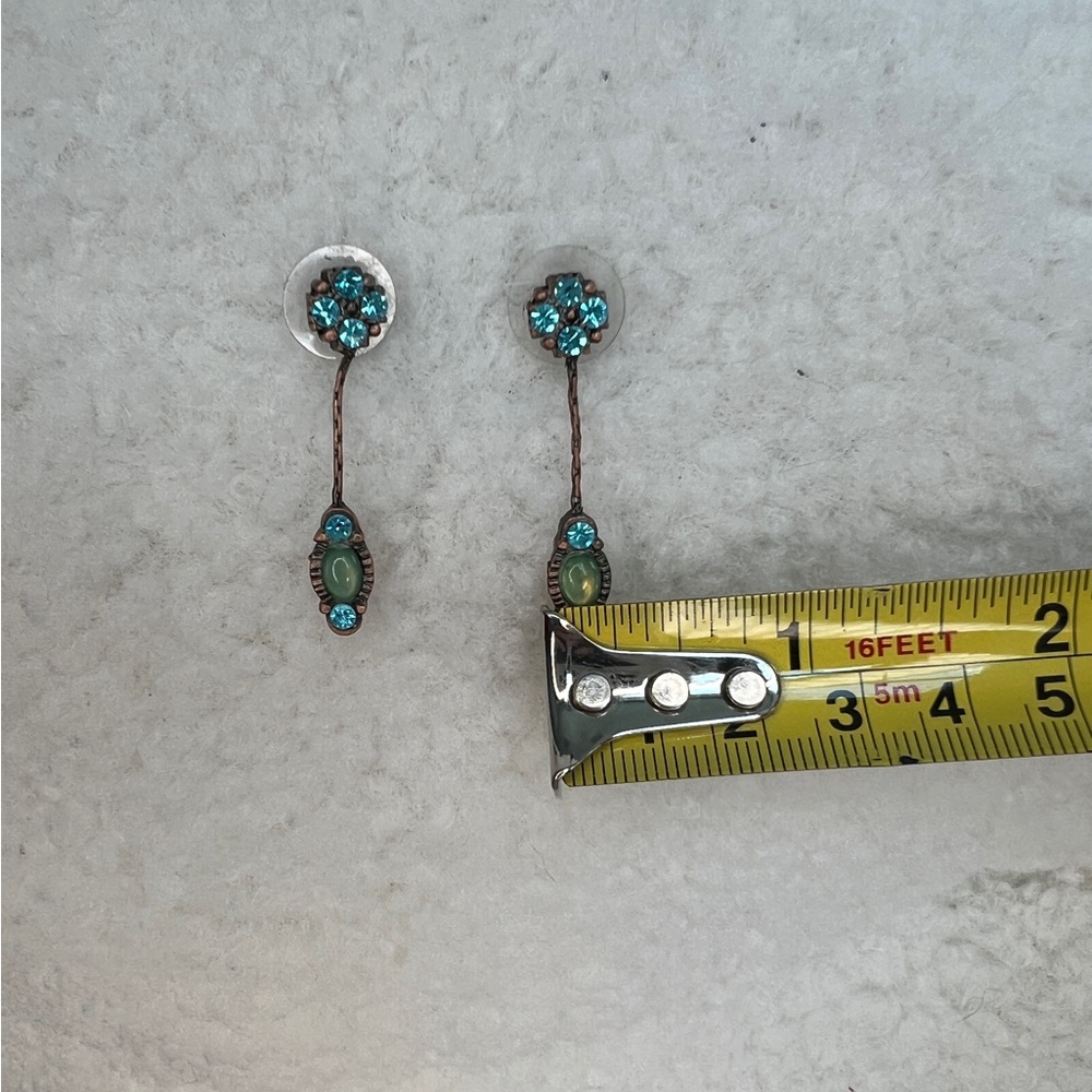 Turquoise Crystal Drop Earrings • Vintage Boho Dangle • Pierced Ears - Picture 6 of 6